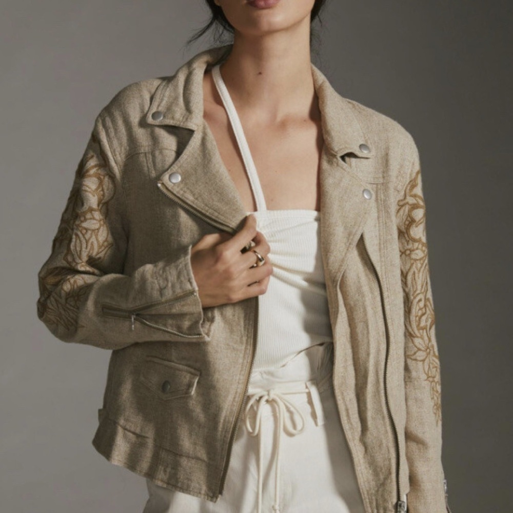 Anthropologie Tessa Embroidered Boyfriend Jacket Sz Small Beige Linen Blend Moto